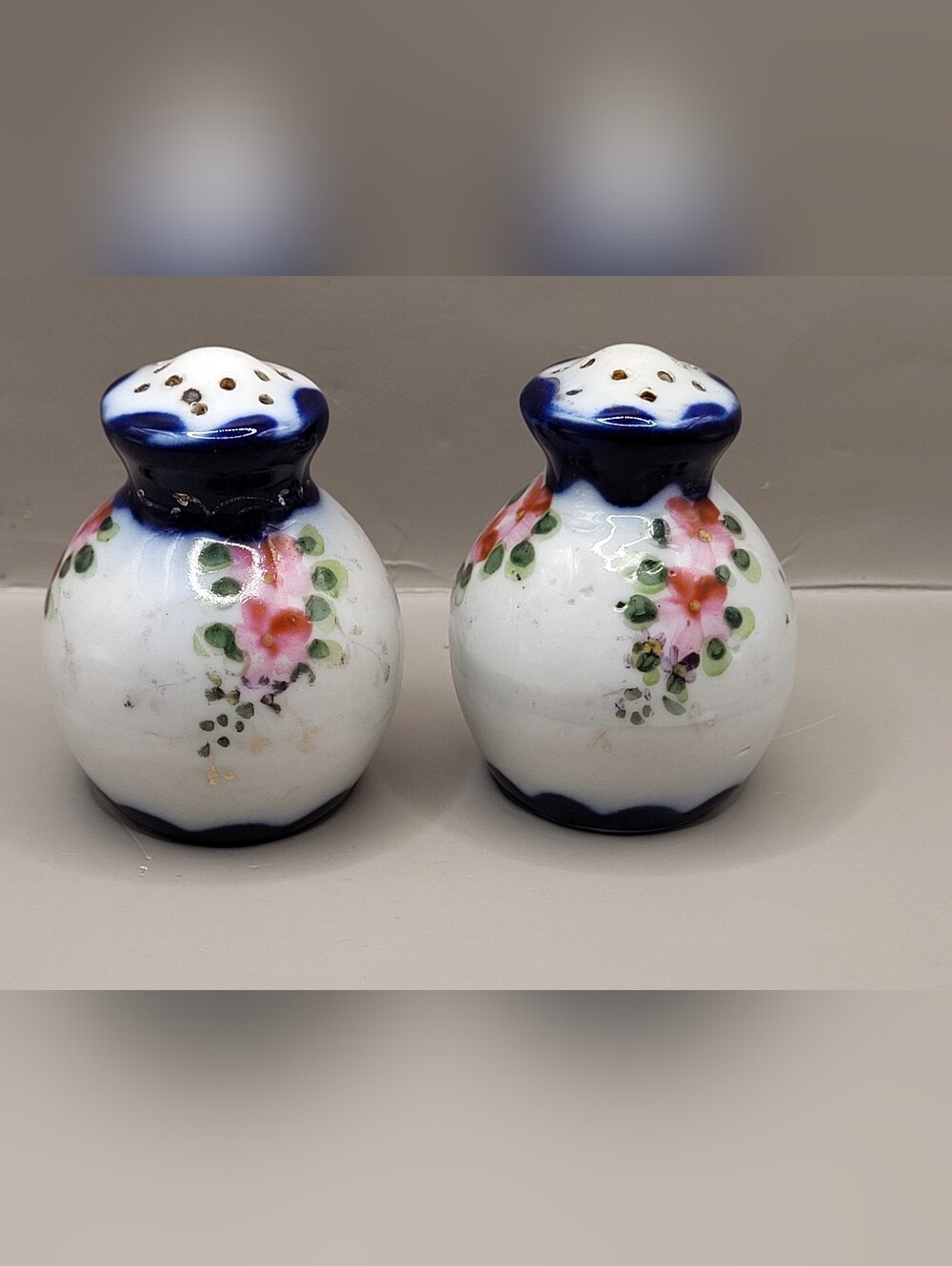 Vintage Antique Floral Salt And Pepper Shakers Porcelain Hand Painted Flo Blue